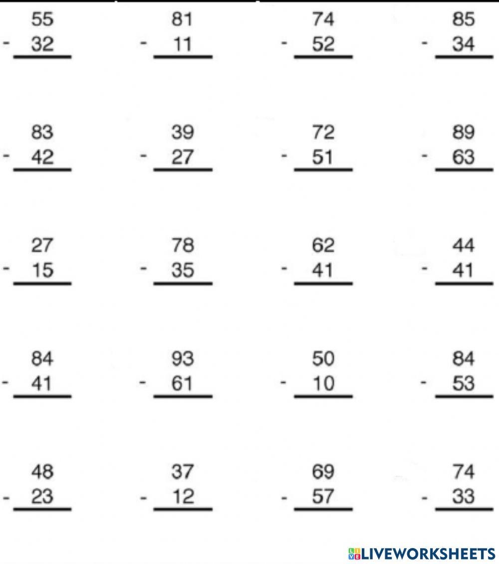 2nd Grade Math Worksheets Place Value 2 Digit Subtraction Without 