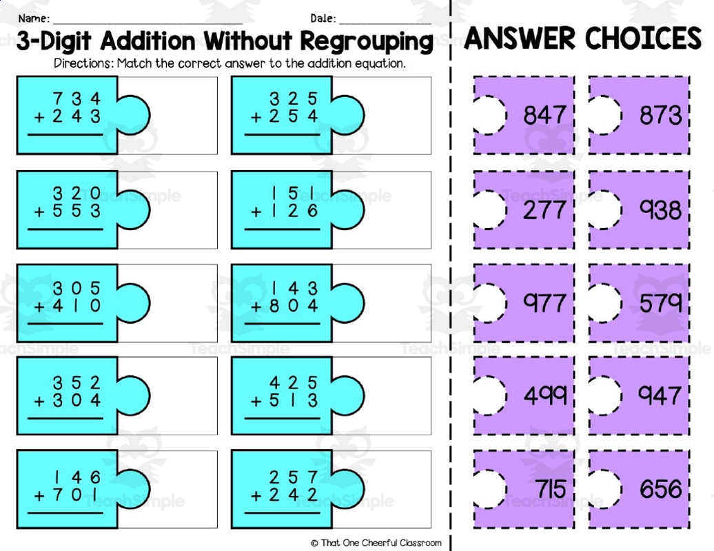 3 Digit Addition Without Regrouping Matching Worksheet By Teach Simple