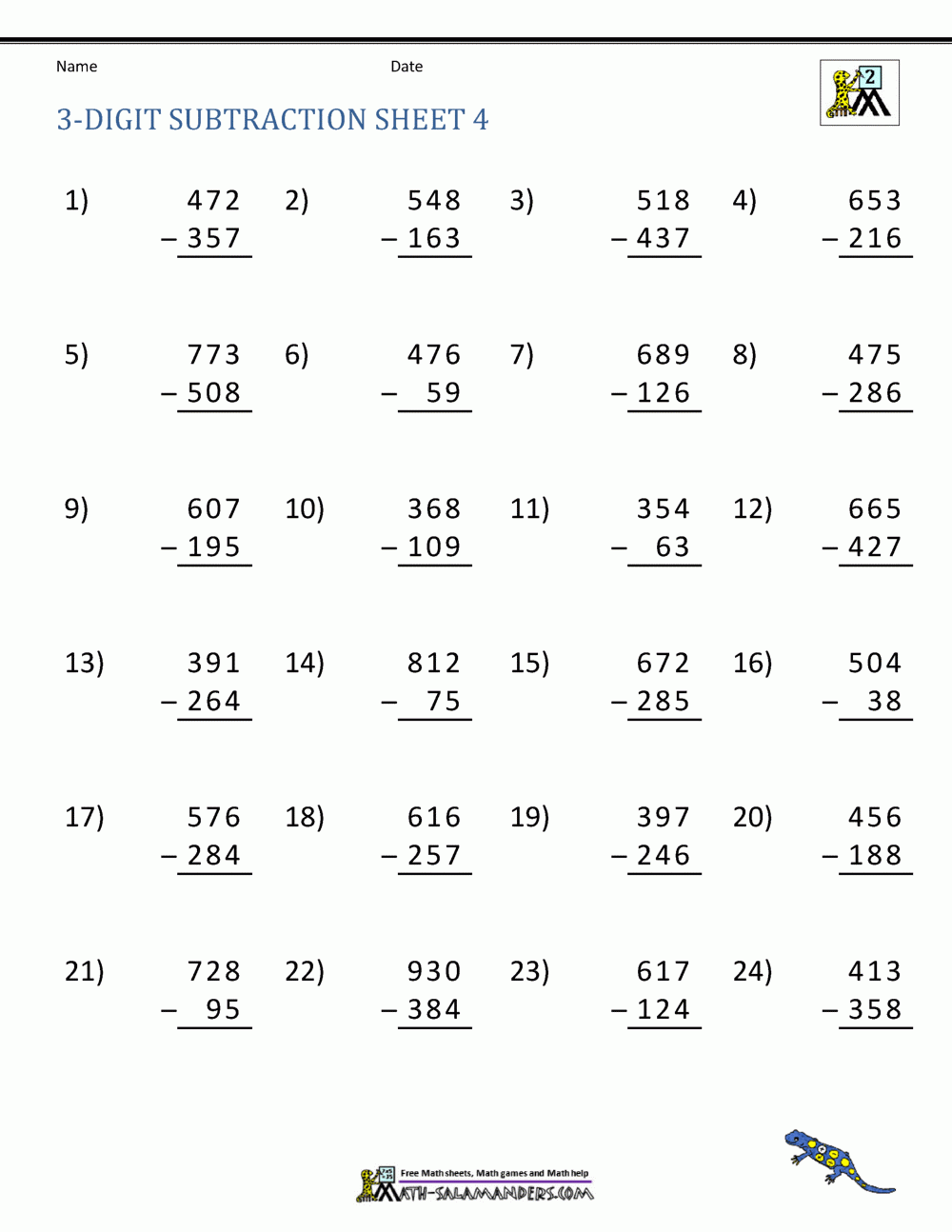 3 Digit Subtraction Worksheets