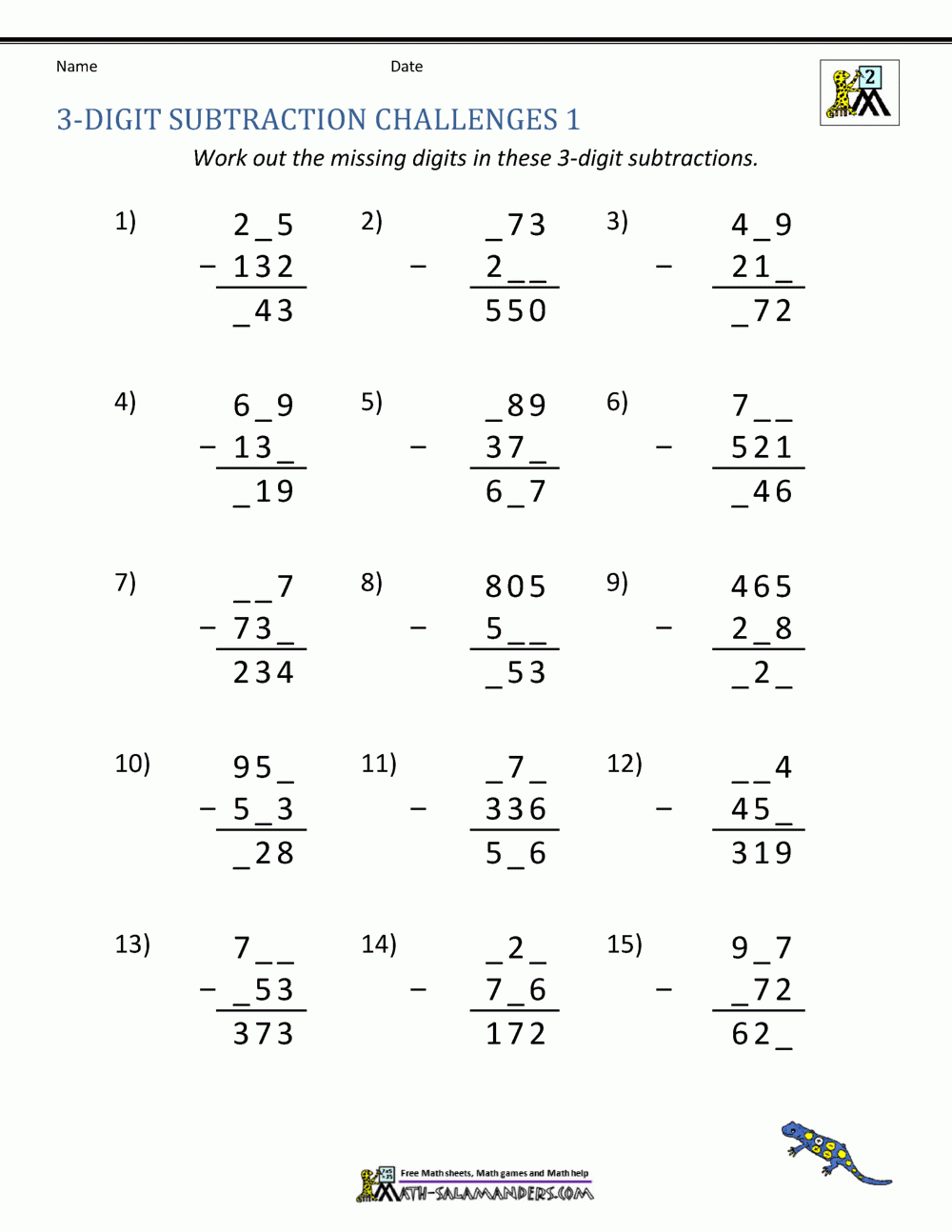 3 Digit Subtraction Worksheets
