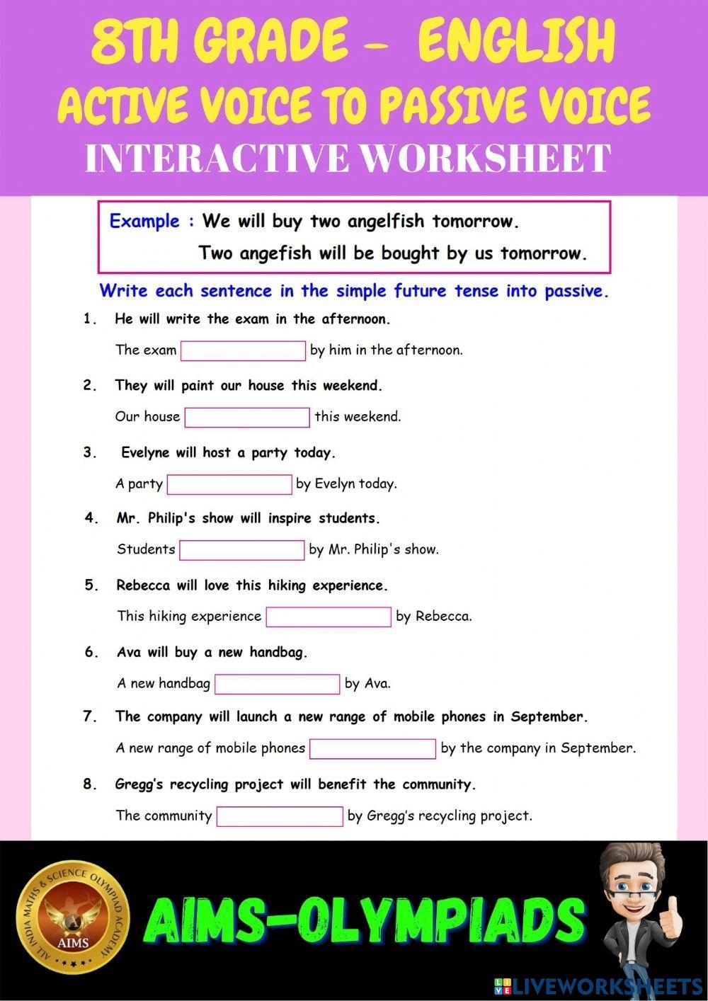 8th english Grammar active Voice To Passive Voice Worksheet Live 