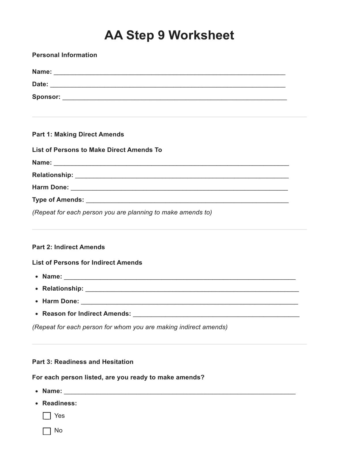 AA Step 6 Worksheets Example Free PDF Download