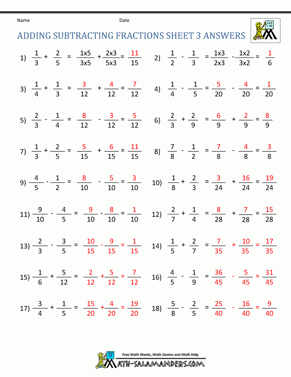 Adding And Subtracting Fractions Multiple Choice Worksheets Free 