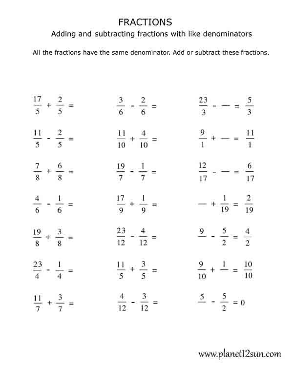 Adding Subtracting Fractions Worksheets 5th