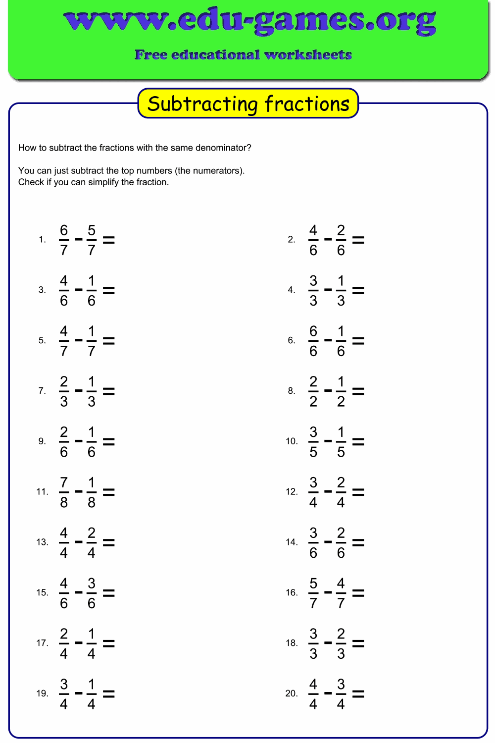 Addition And Subtraction Fractions Worksheets