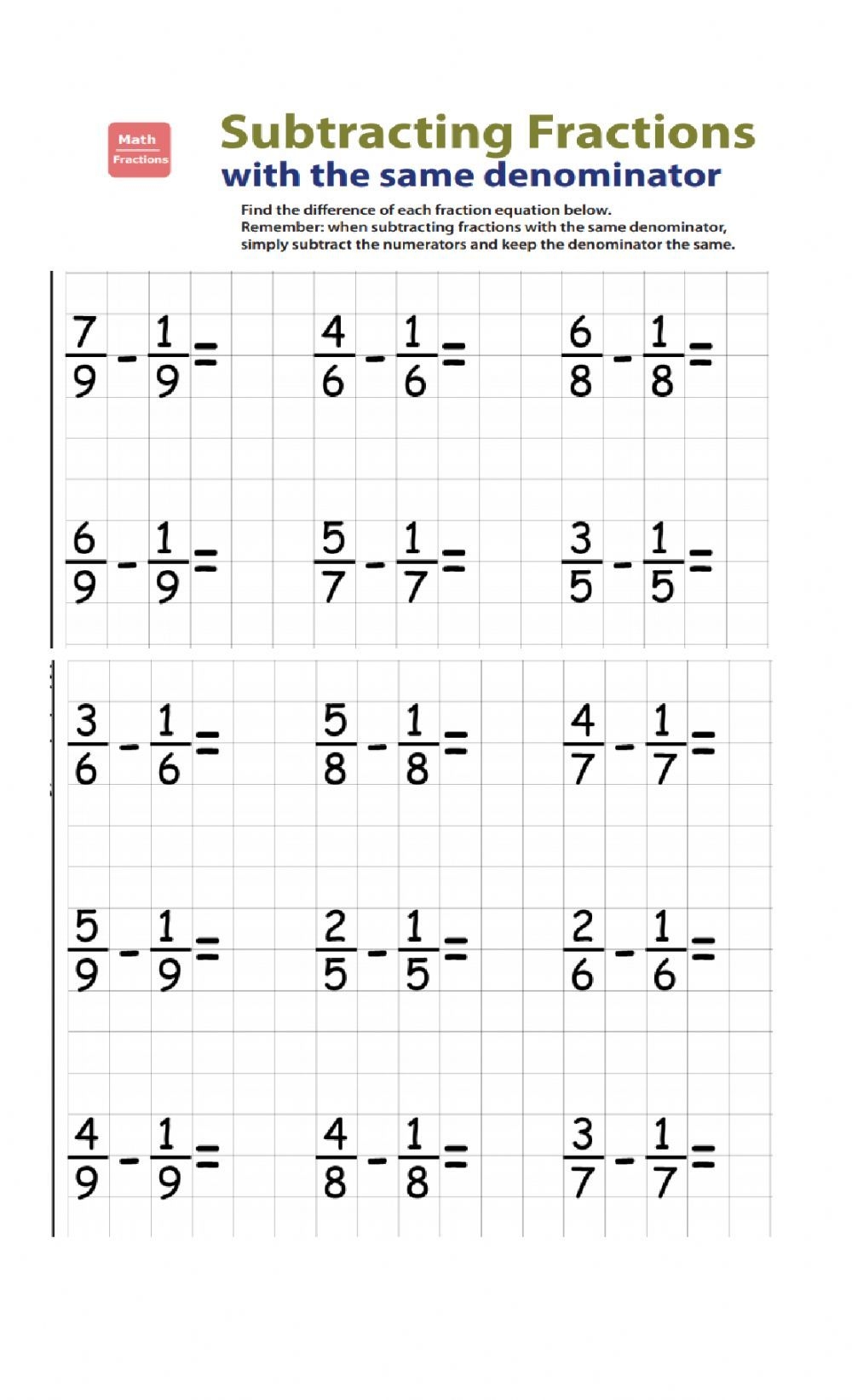 Addition And Subtraction Of Fractions Worksheets