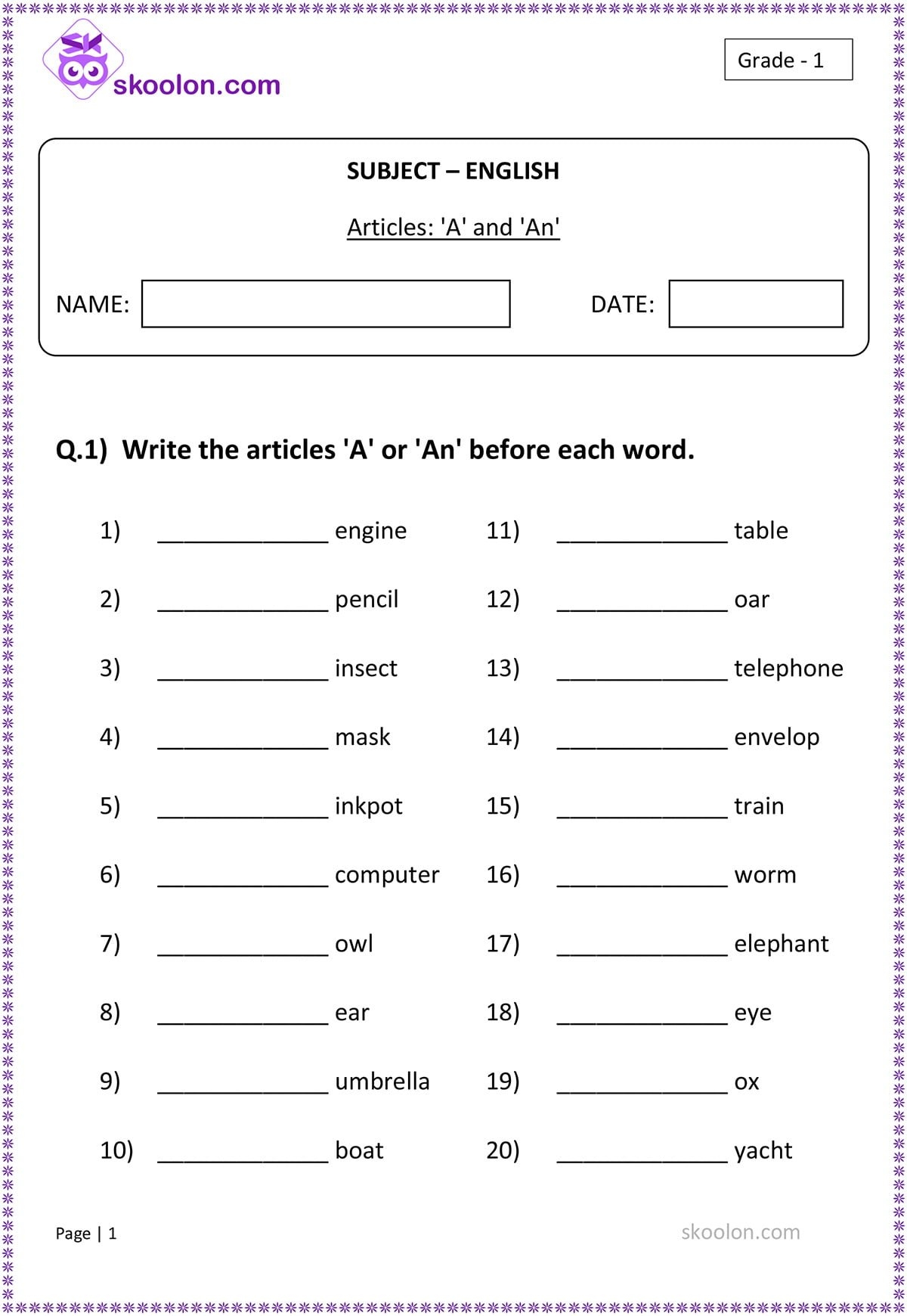 Articles A And An Skoolon Worksheets Library