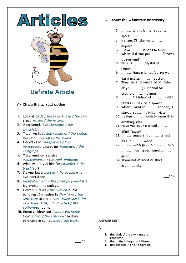Articles Definite Article Worksheet Articles Definite Article Worksheet