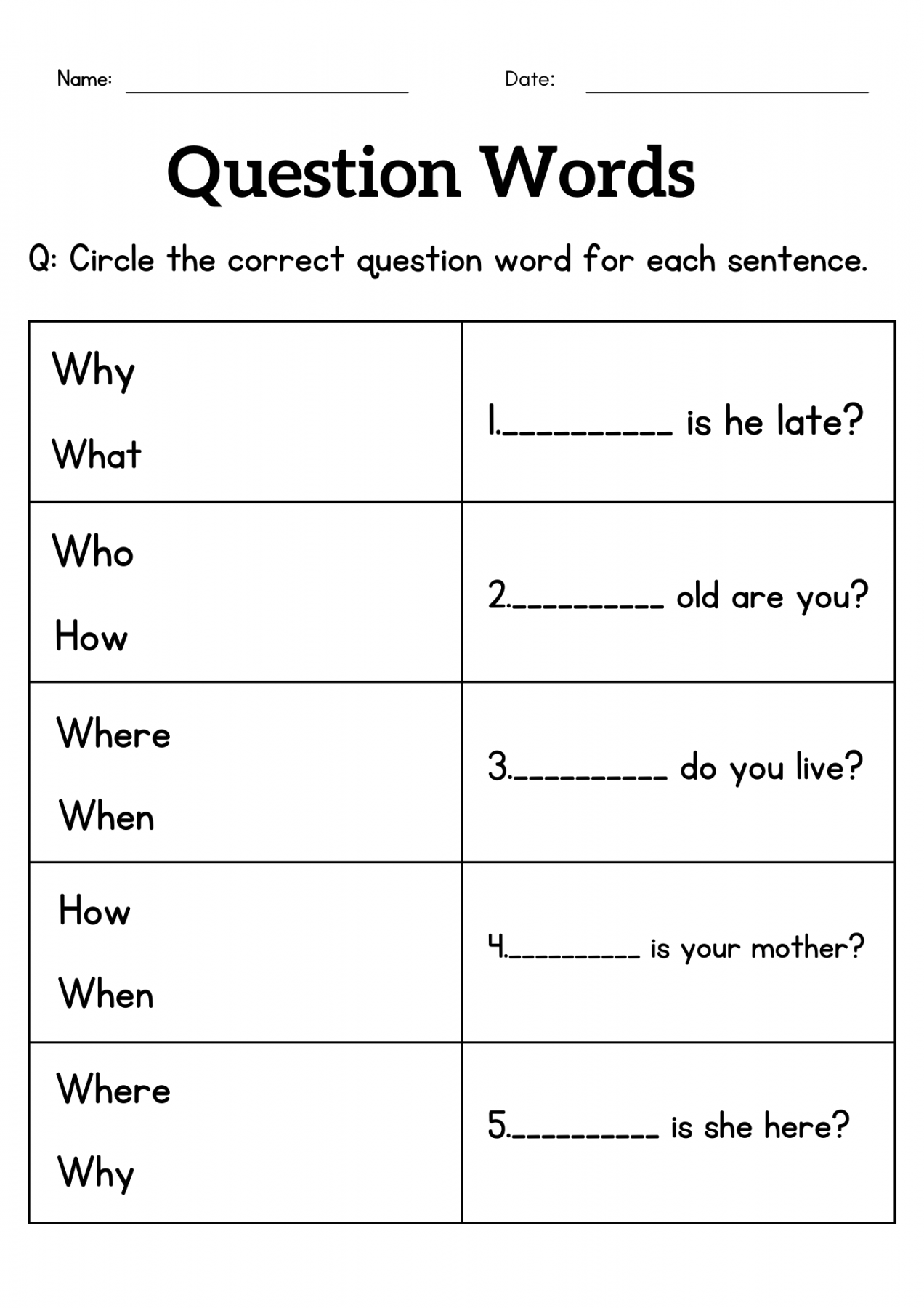 Asking Wh Questions Worksheet Printable PDF Template