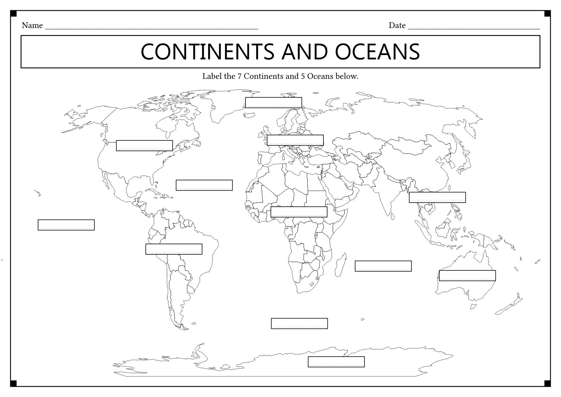 Blank Map Of Continents And Oceans Worksheet Printable PDF Template