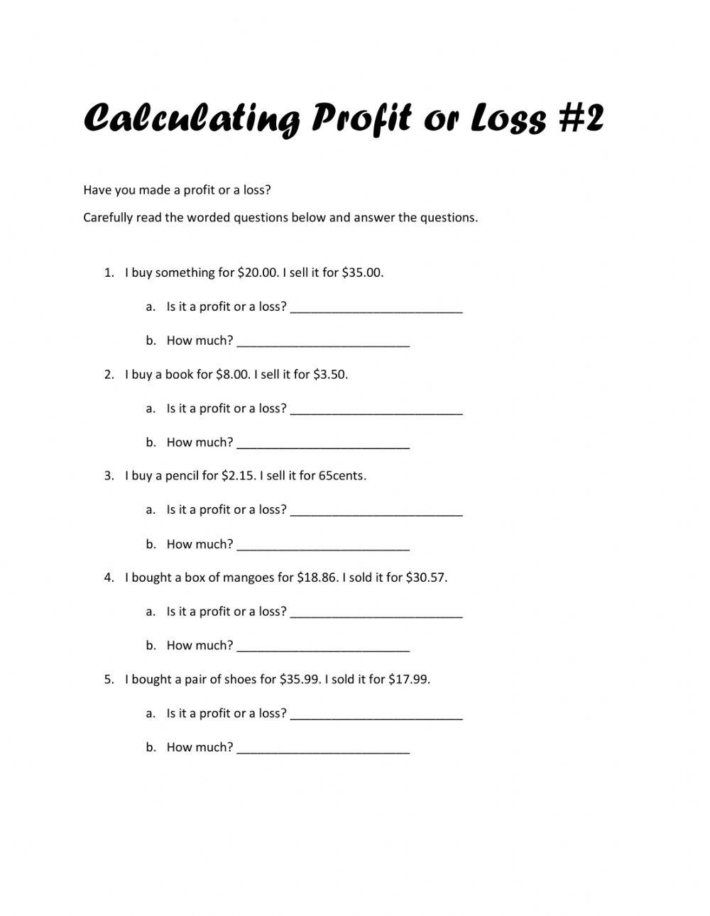 Calculating Profit And Loss 2 Worksheet Live Worksheets Worksheets 