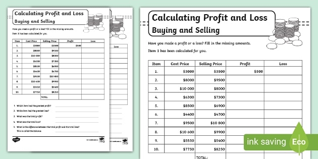 Calculating Profit And Loss Worksheets Free Printable Worksheets