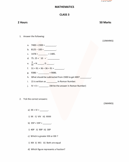 CBSE Class 3 Maths Sample Paper With Solutions