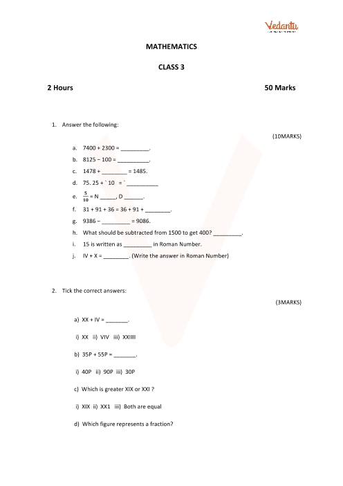 CBSE Class 3 Maths Sample Paper With Solutions
