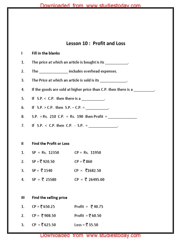 CBSE Class 5 Mathematics Worksheet Profit And Loss PDF Worksheets 