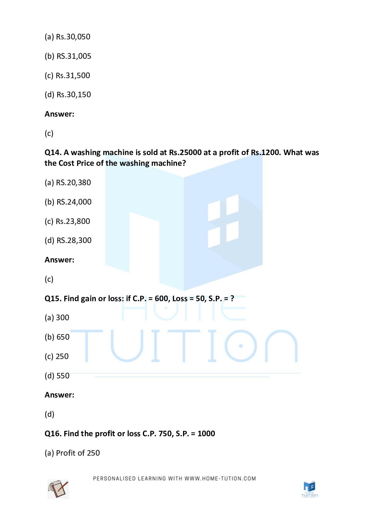 CBSE Class 5 Maths Profit And Loss NCERT Worksheet Free PDF Home Tution