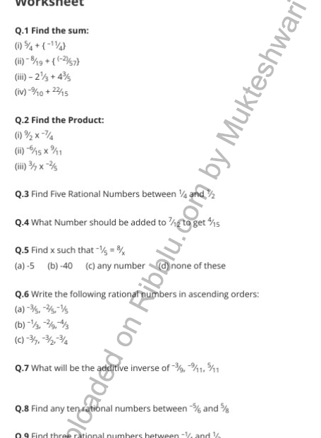 CBSE Class 7 Maths Rational Numbers Worksheet Chapter 9