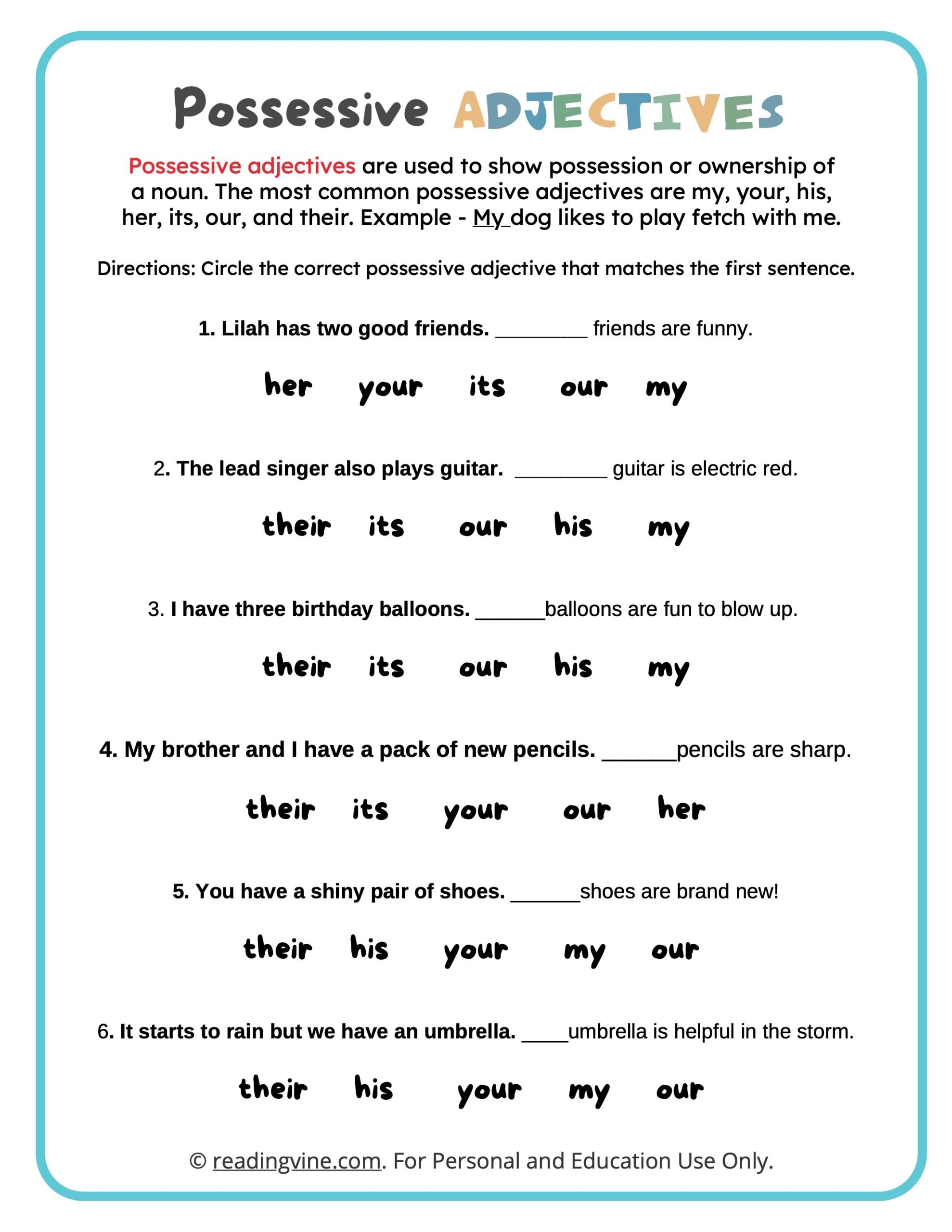 Circle The Possessive Adjectives Worksheet image ReadingVine