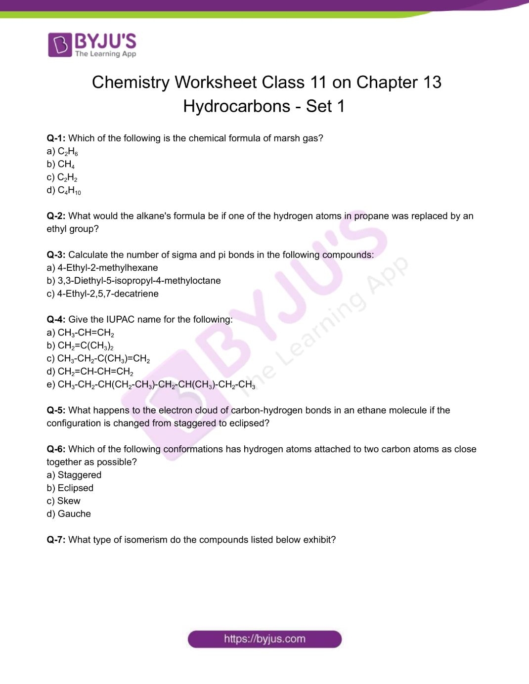 Class 11 Chemistry Worksheet On Chapter 13 Hydrocarbons Set 1