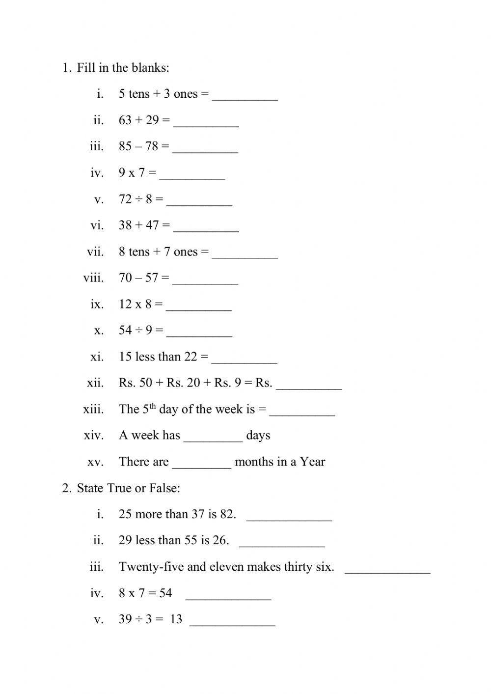 Class 2 Maths Full Worksheet Maths Problems