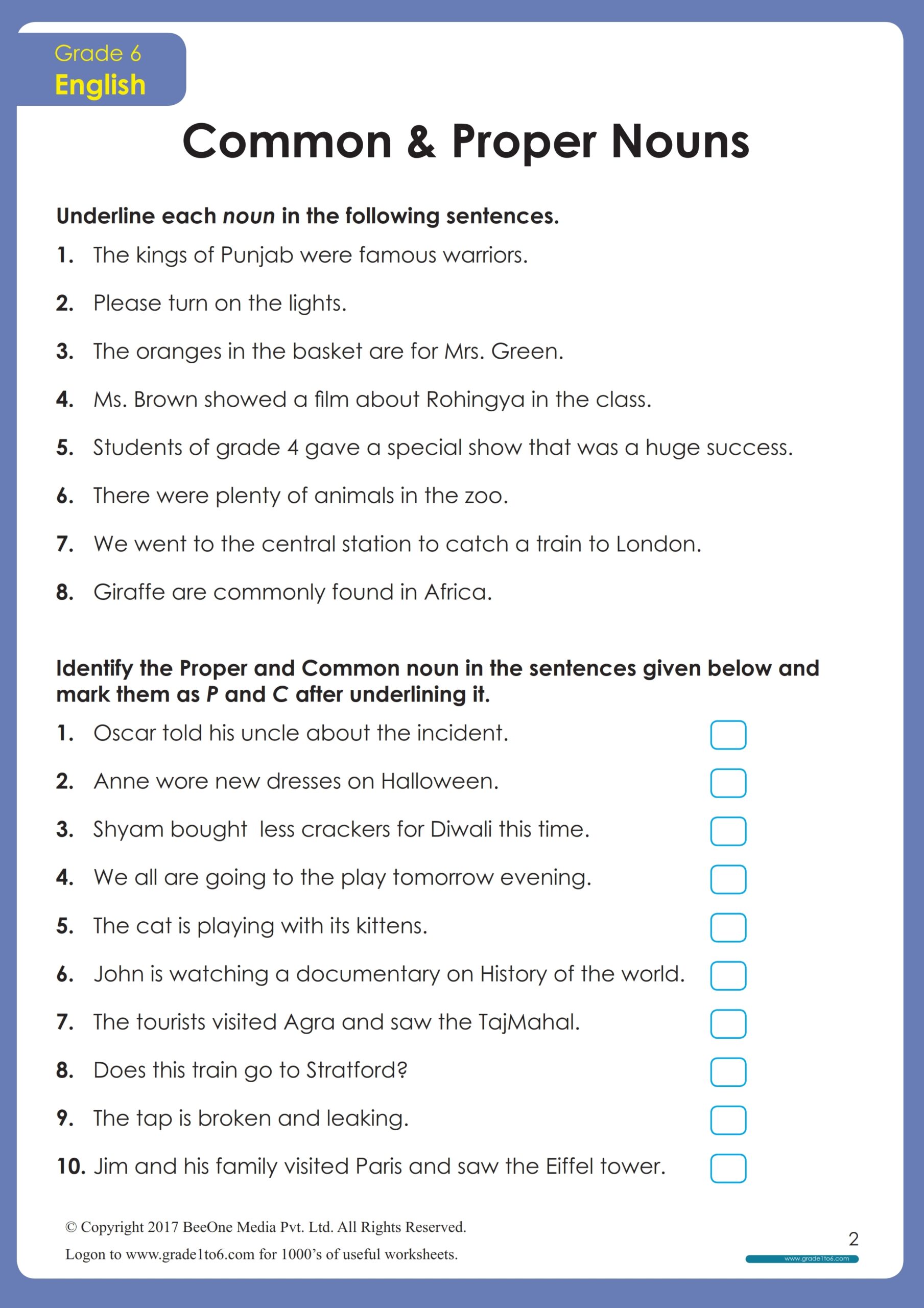 Common And Proper Nouns Worksheet Grade1to6 Worksheets Library