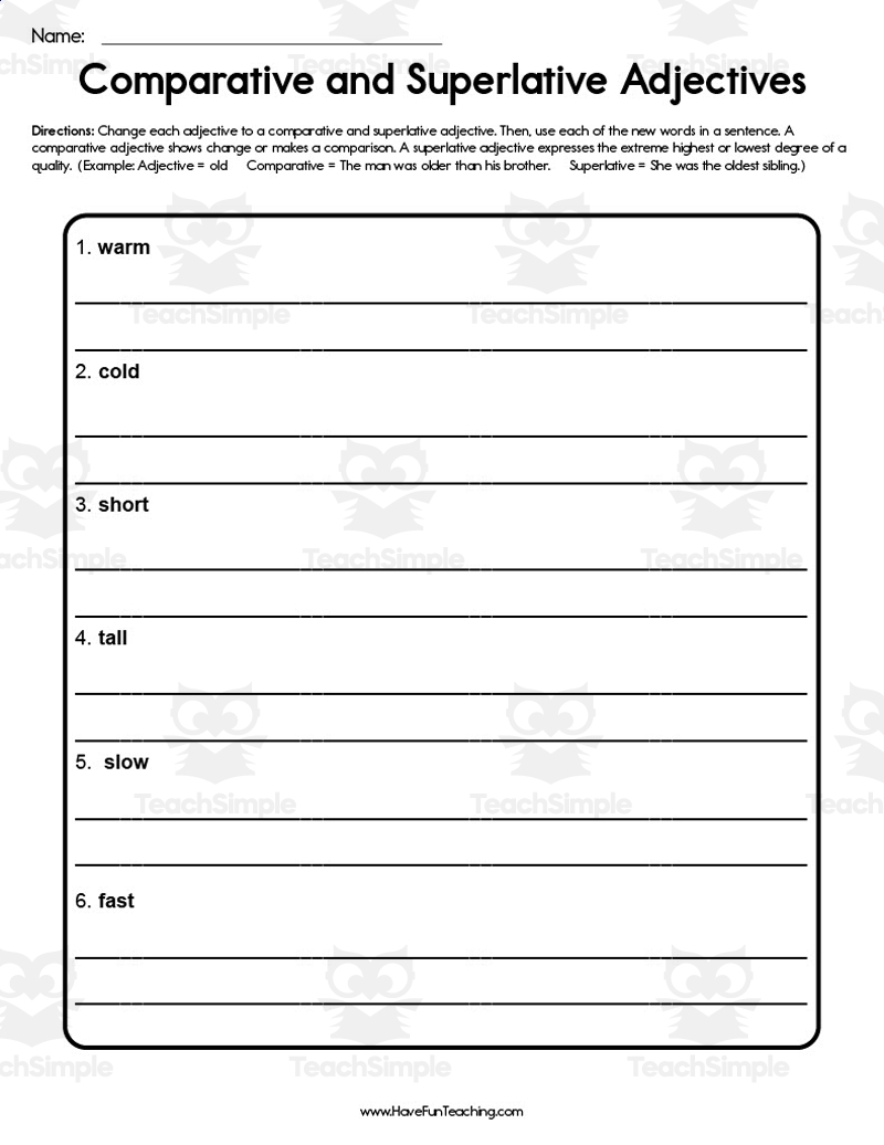 Comparative And Superlative Adjective Worksheet By Teach Simple