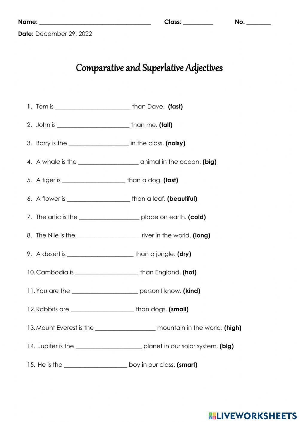 Comparative And Superlative Adjective Worksheet Worksheet Live 