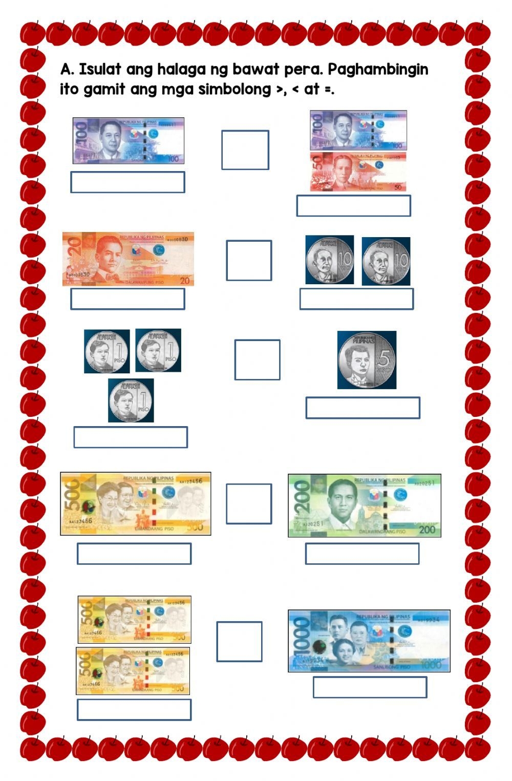 Comparing Philippine Money Worksheet Money Worksheets Kindergarten 