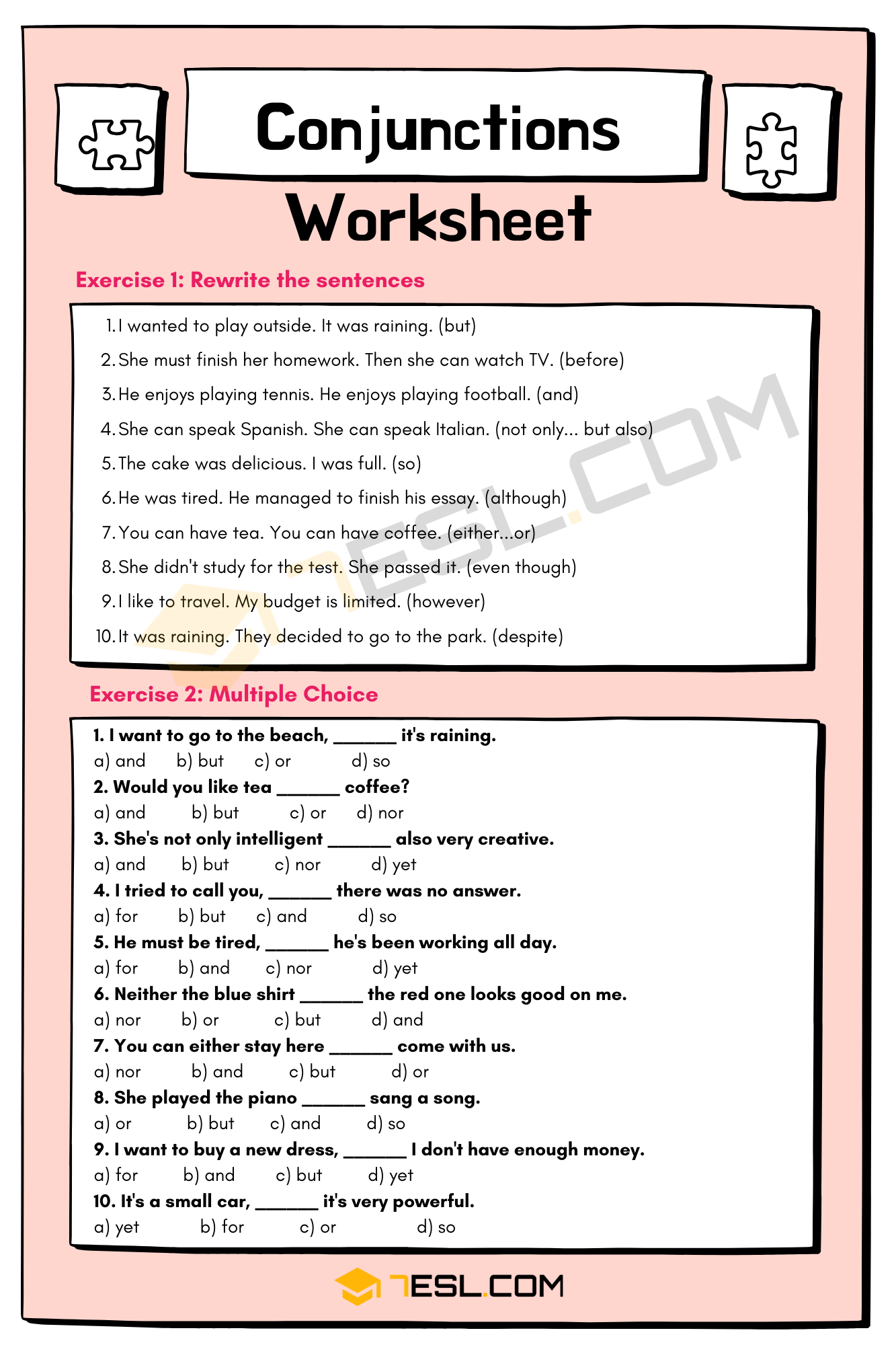 Conjunctions Worksheet Conjunctions Exercises 7ESL
