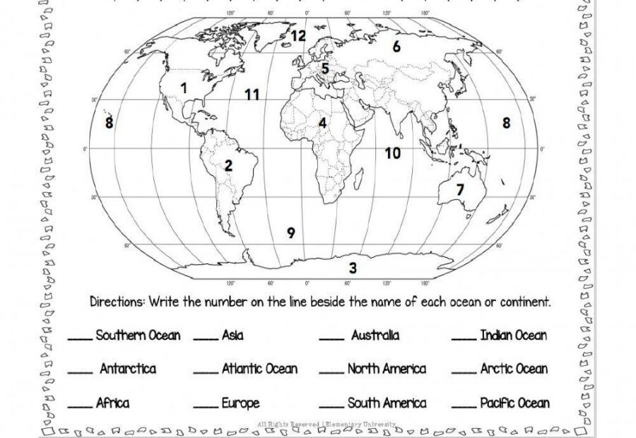 Continents And Oceans Worksheet Printable PDF Template