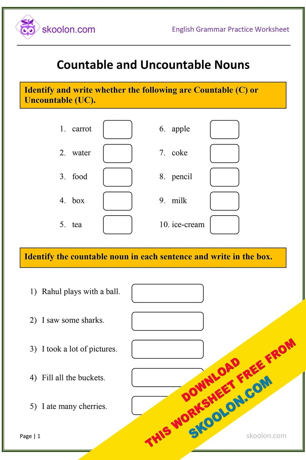Countable And Uncountable Nouns Skoolon Worksheets Library