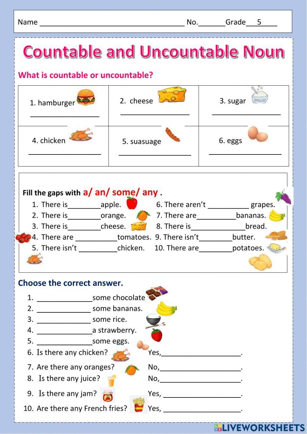 Countable Or Uncountable Nouns ESL Exercises Worksheet Worksheets Library