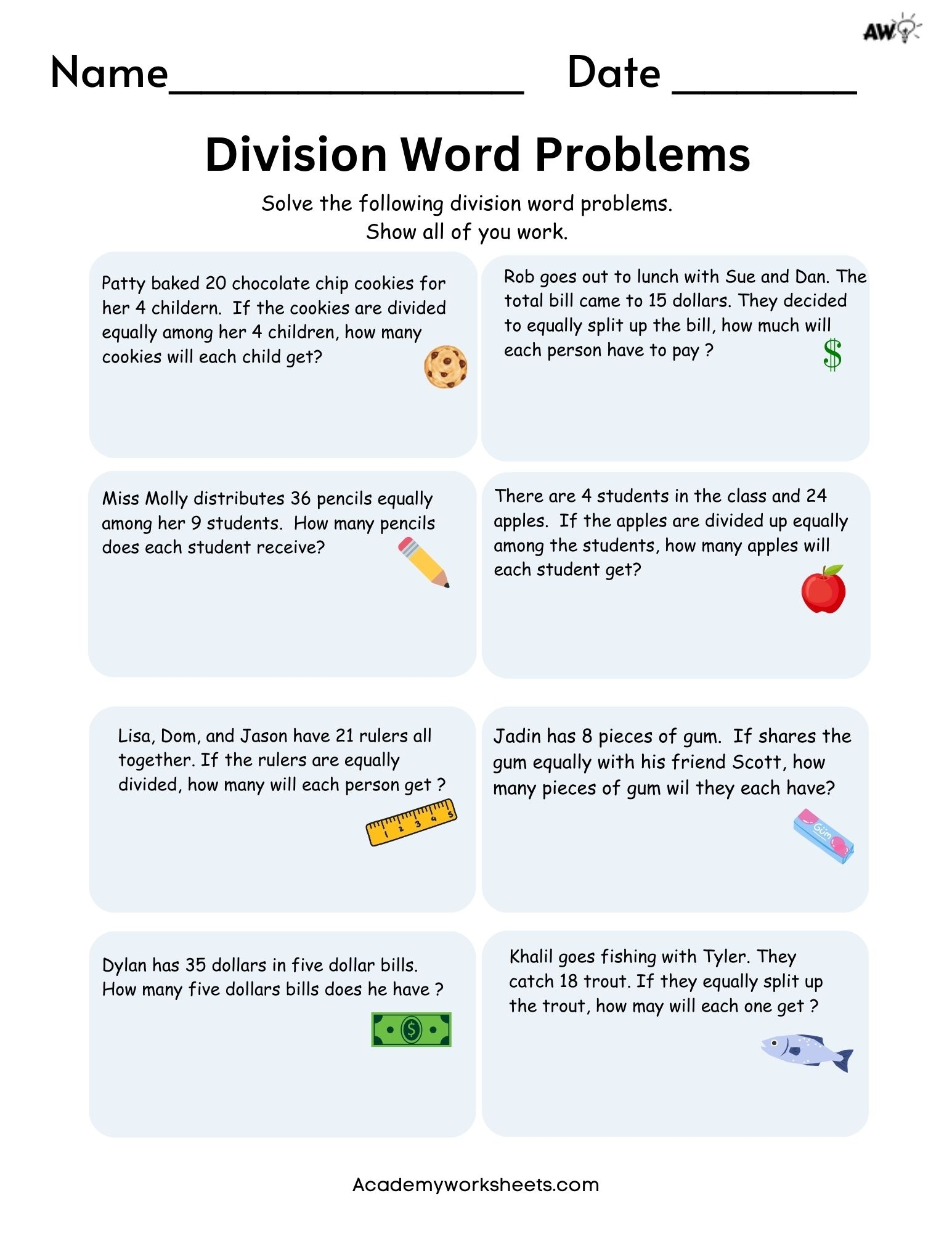 Division Word Problems PDF Single Digit Academy Worksheets 