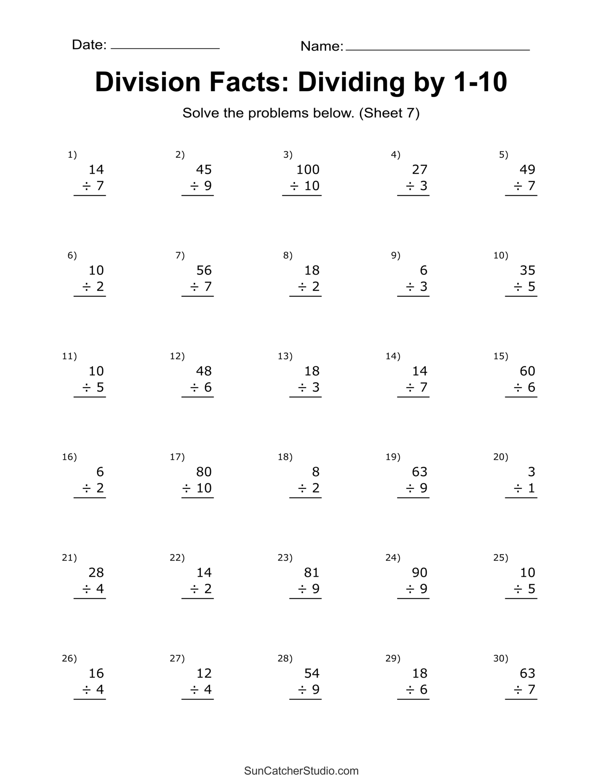 Division Worksheets Problems Free Printable Math Drills DIY 