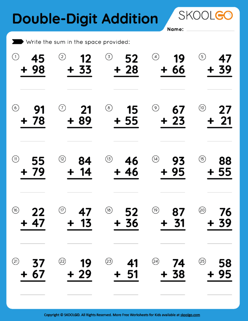 Double Digit Addition Free Worksheet For Kids SKOOLGO