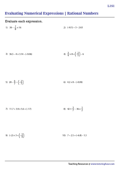 Evaluating Expressions With Rational Numbers Worksheets Worksheets 