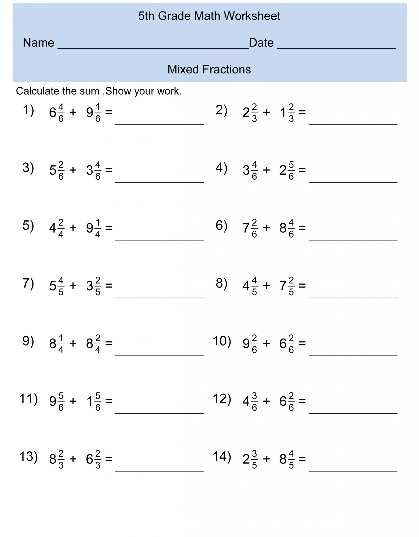 Fifth Grade Math Worksheets Addition To Decimals Learning Printable