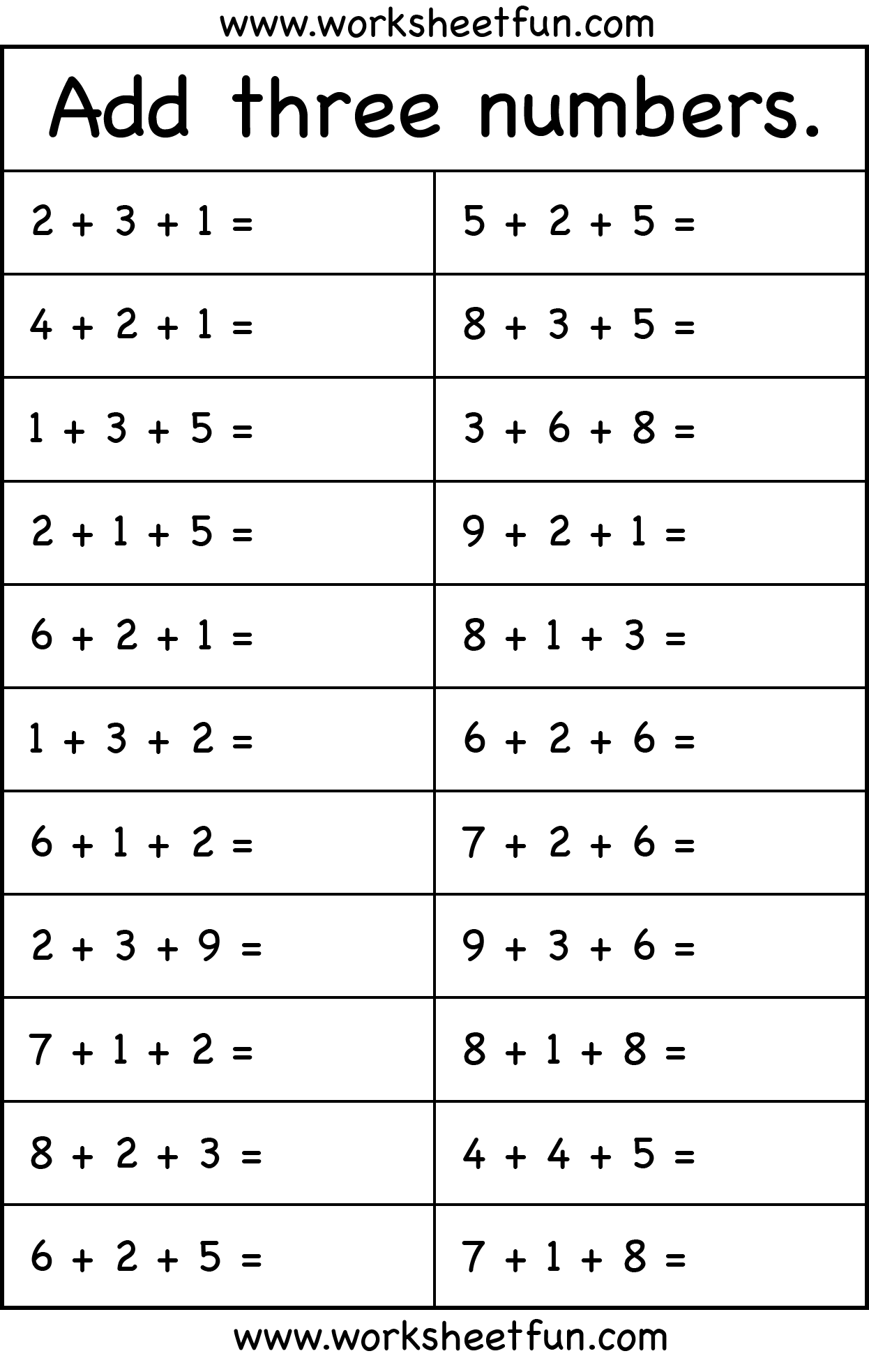 First Grade Adding Three Numbers Worksheets