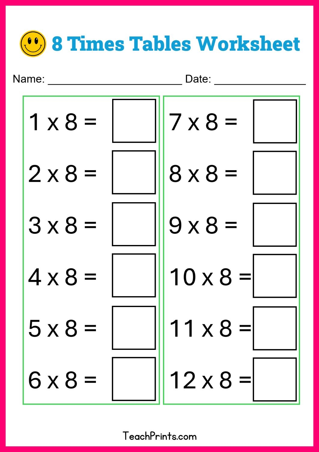 Free 12 Times Tables Worksheets 8 Versions Teach Prints