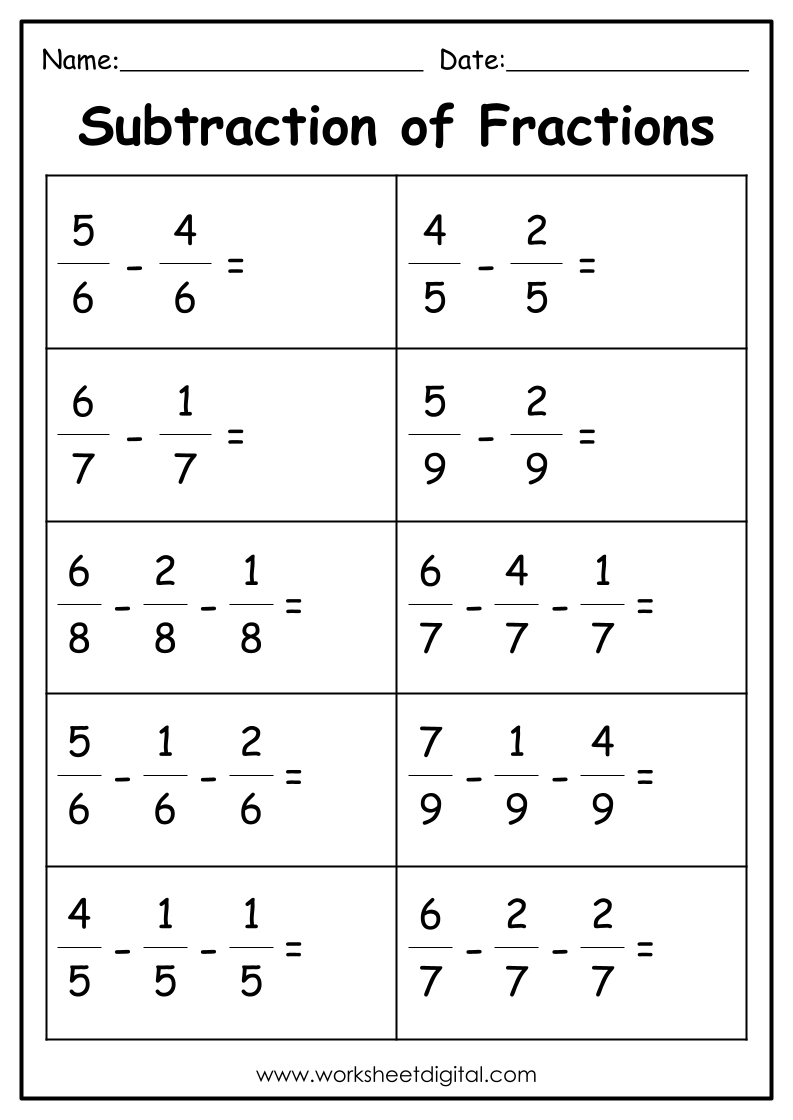 Free Fraction Subtraction Worksheet Download Free Fraction Subtraction 