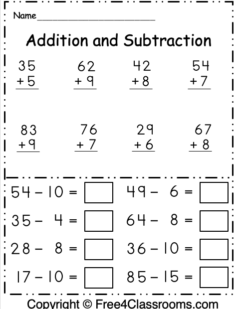 Free Kindergarten Math Worksheets Addition And Subtraction