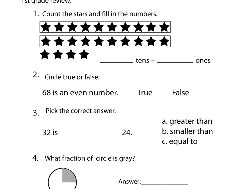 Free Printable 1st Grade Math Review Worksheet