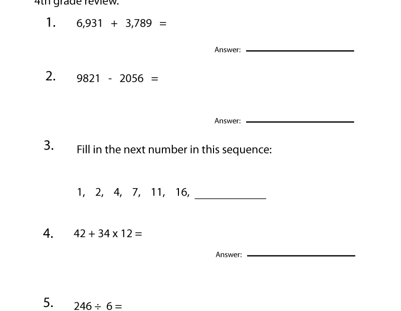 Free Printable 4th Grade Math Review Worksheet