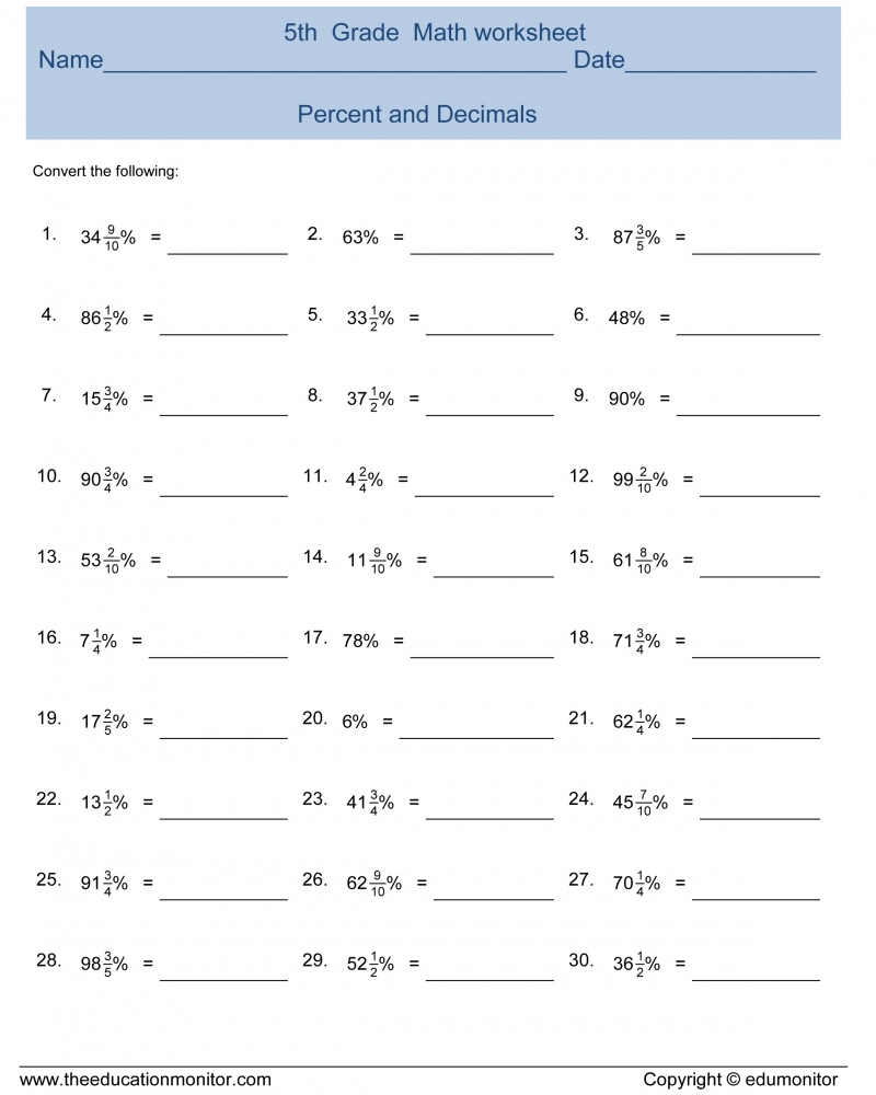 Free Printable 5th Grade Math Percentages Worksheets Math Worksheets 