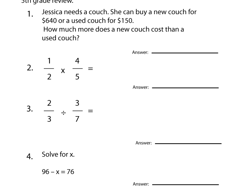 Free Printable Fifth Grade Math Practice Worksheet
