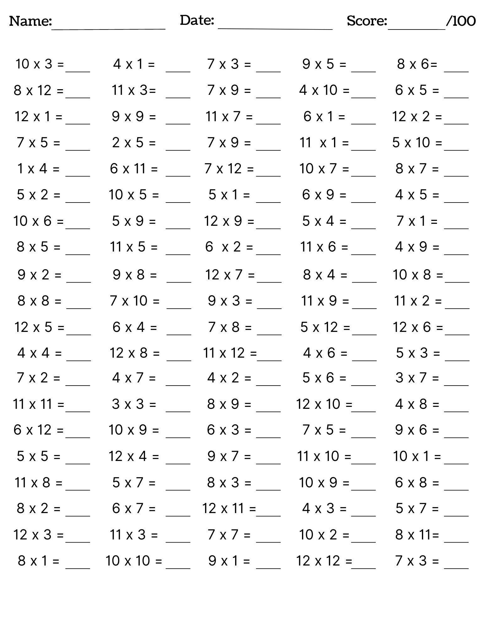 Free Printable Multiplication Worksheets 1 12 Activity School 
