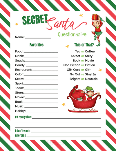 Free Printable Secret Santa Questionnaire Form Pdf Download Free 
