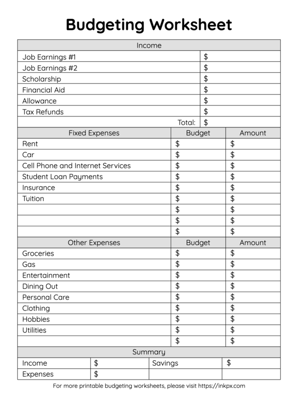 Free Printable Simple Student Budgeting Worksheet InkPx