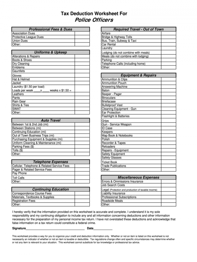 Free Printable Tax Deduction Worksheet FREE Printable A Z