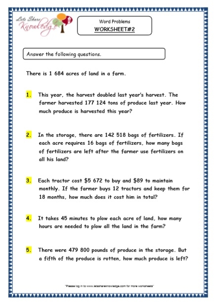 Grade 5 Maths Resources Word Problems Printable Worksheets Lets 